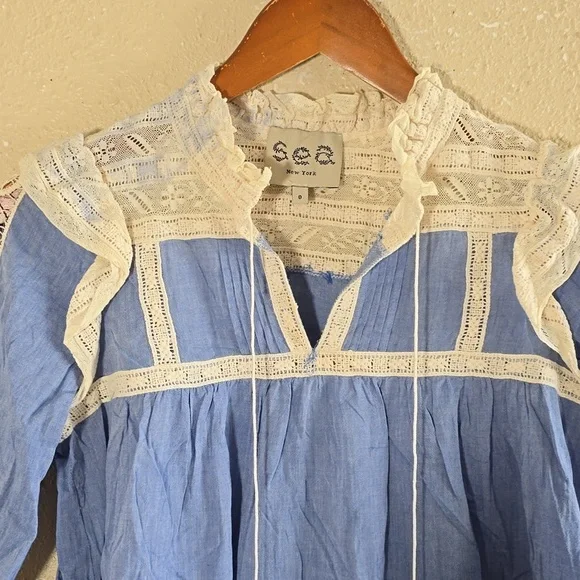 Blue Lace Trim Blouse - Picture 2 of 8